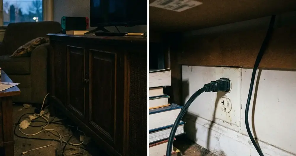 cabo de energia de televisão ligado à tomada em sala com pouca luz