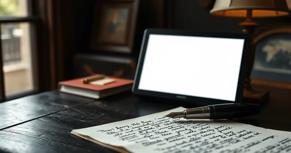 Documento manuscrito e caneta tinteiro sobre mesa de madeira