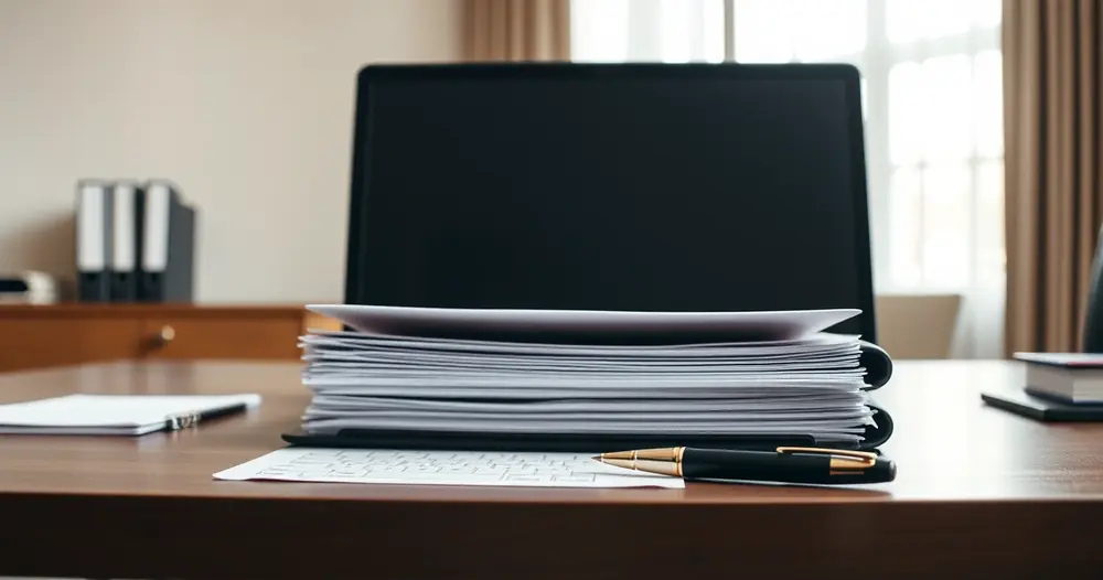 Pasta de documentos e caneta sobre mesa de escritório de advocacia