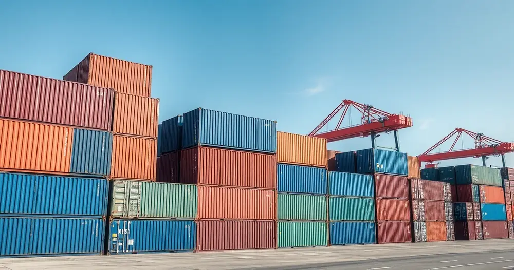 Containers marítimos empilhados em pátio sob céu claro