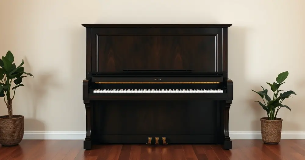 Piano vertical de madeira escura em sala de estar