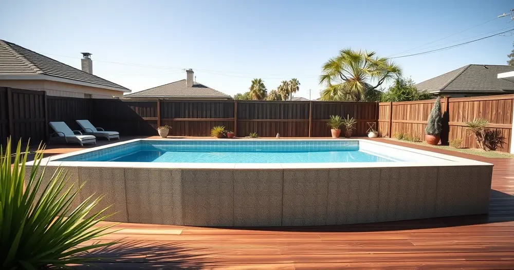 Piscina de fibra instalada em quintal com deck de madeira
