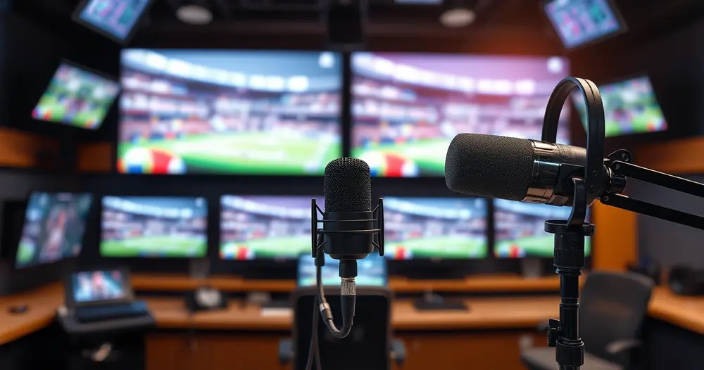 estúdio de transmissão esportiva com microfone e telas ao fundo